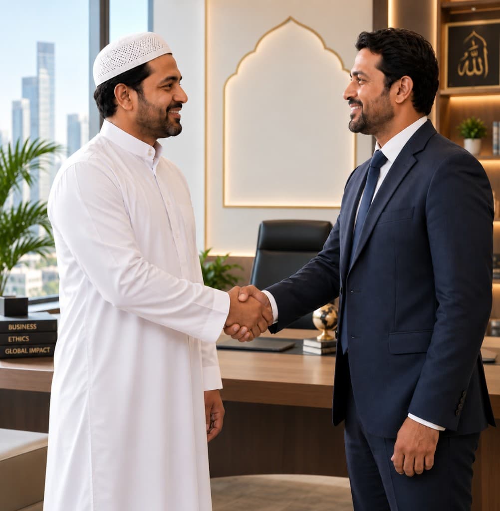 Two travel partners shaking hands in an office after joining the Hira Tours B2B program