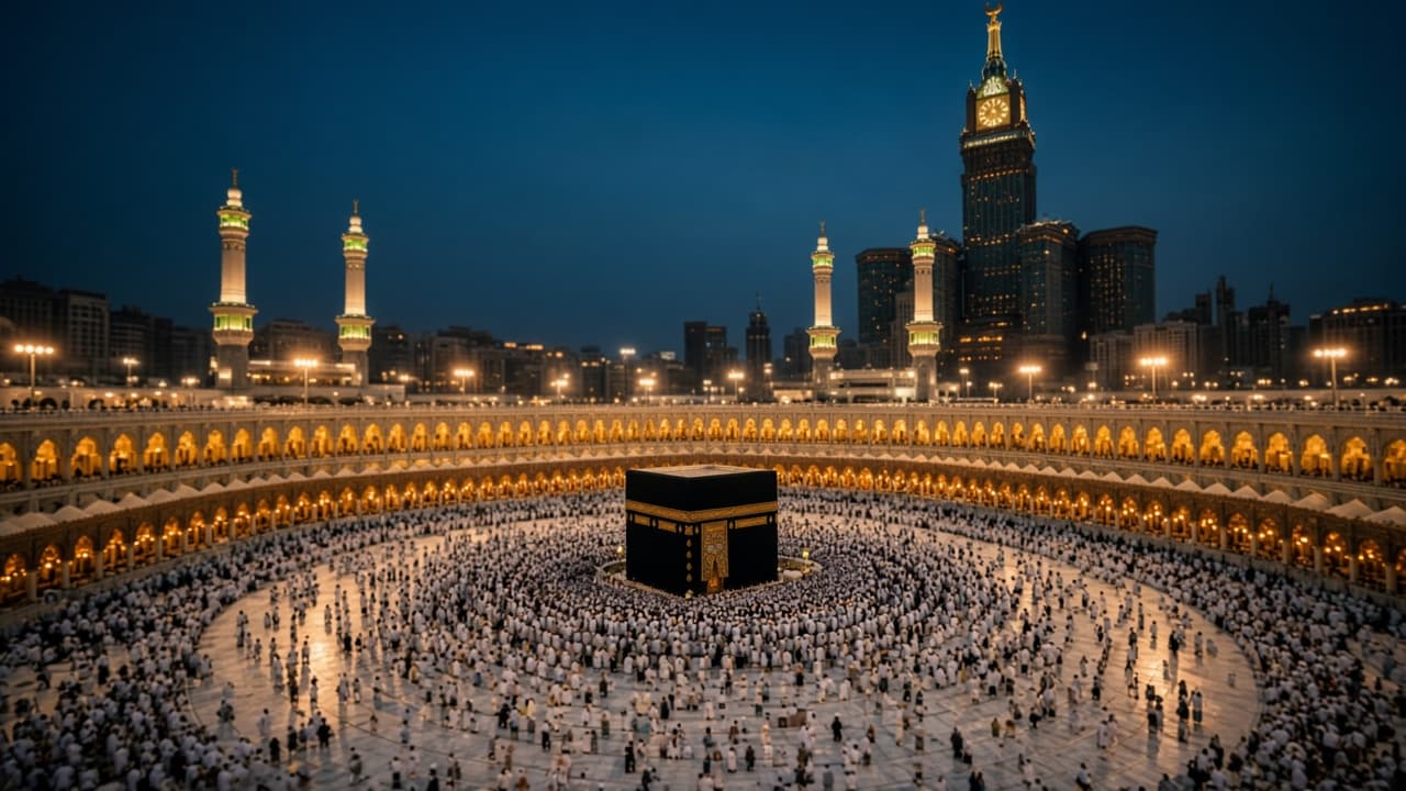 Pilgrims performing tawaf around the Kaaba at Masjid al-Haram in Makkah
